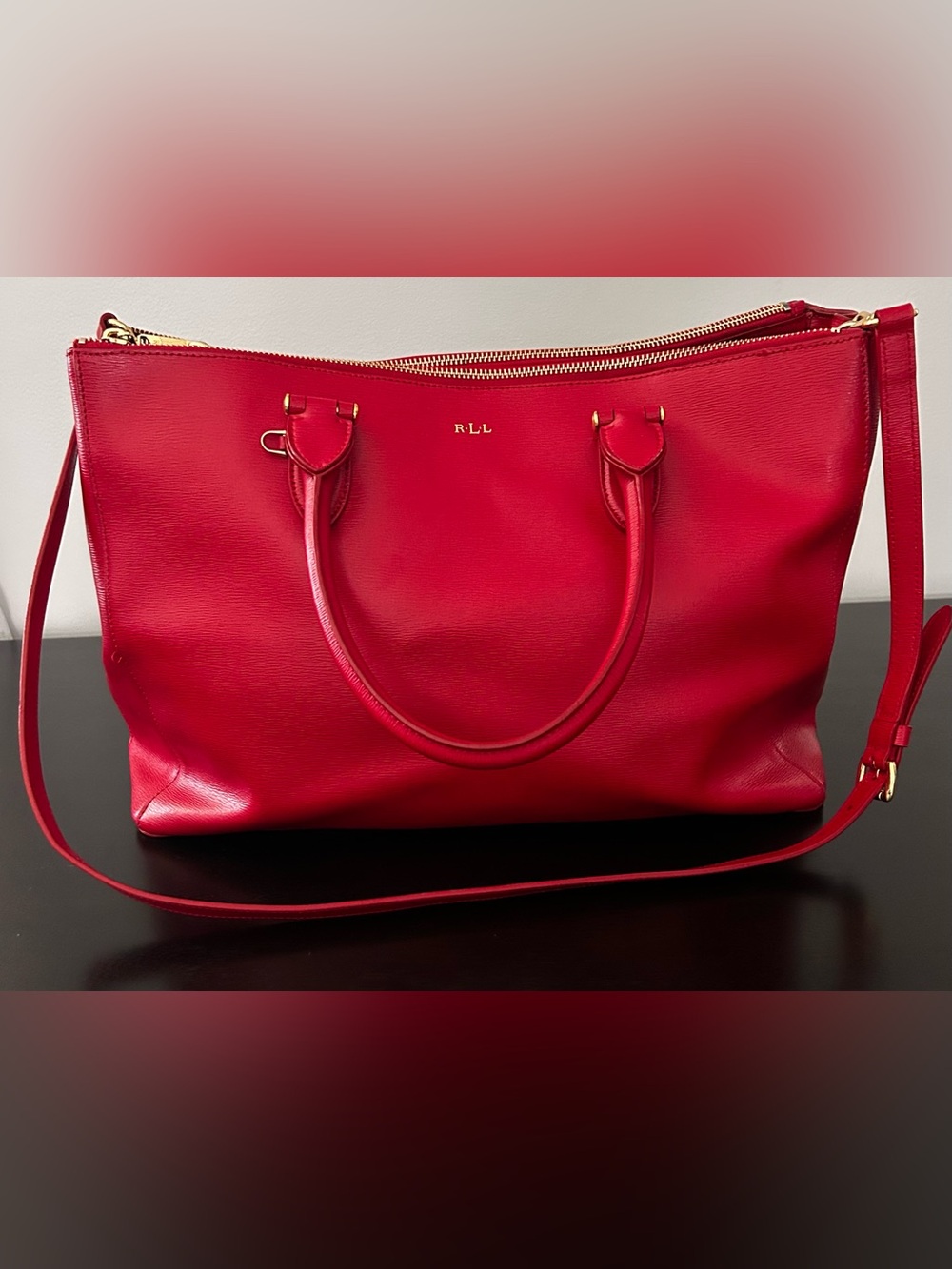 Lauren Ralph Lauren Newbury Double Zip Satchel – Red Saffiano Leather Tote